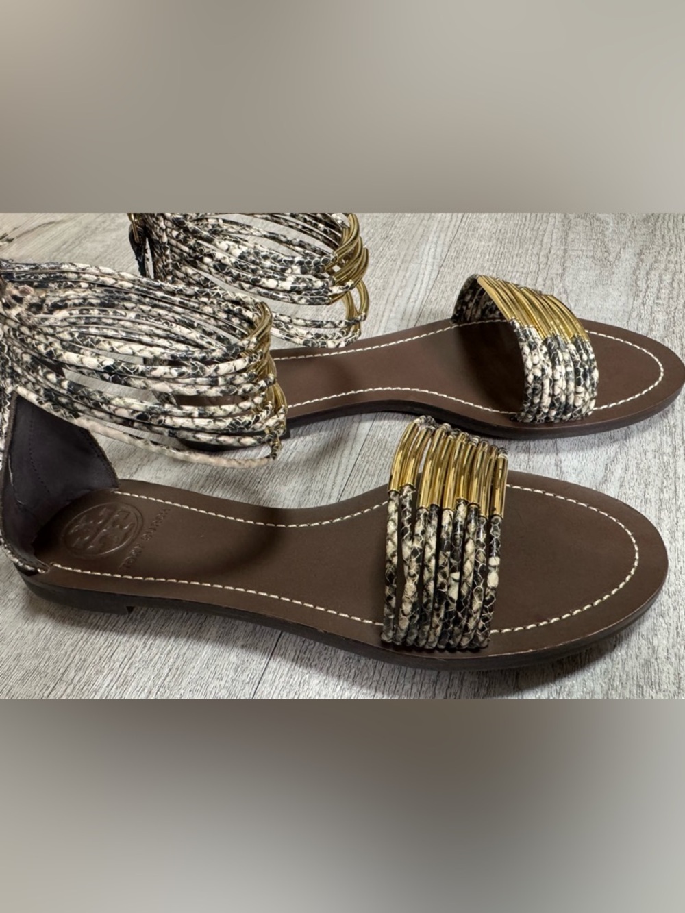Tory Burch Mignon Rings Snake Print Leather Ankle Wrap Sandals Size 7